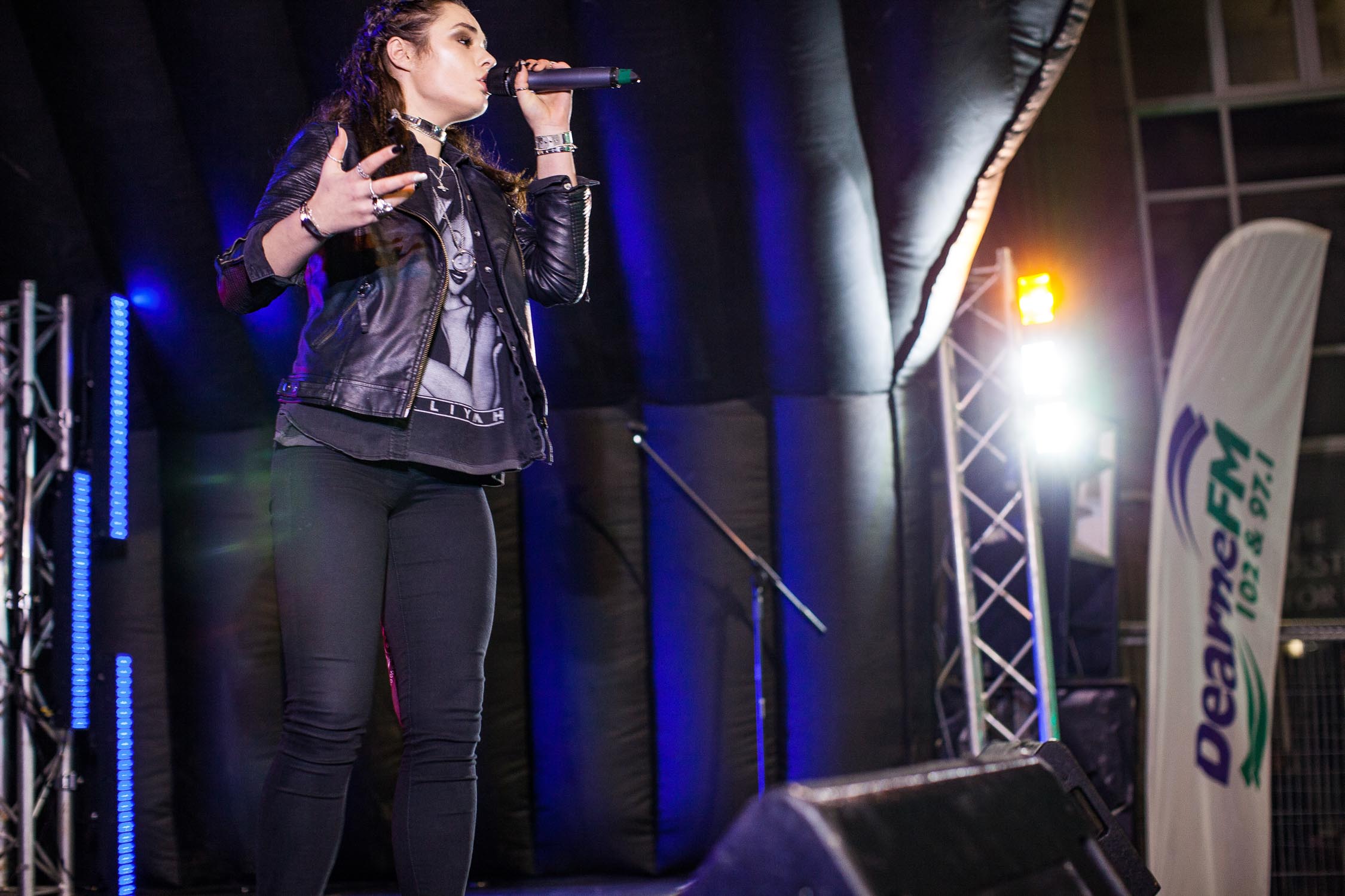 Barnsley Christmas light switch on female Singer on stage